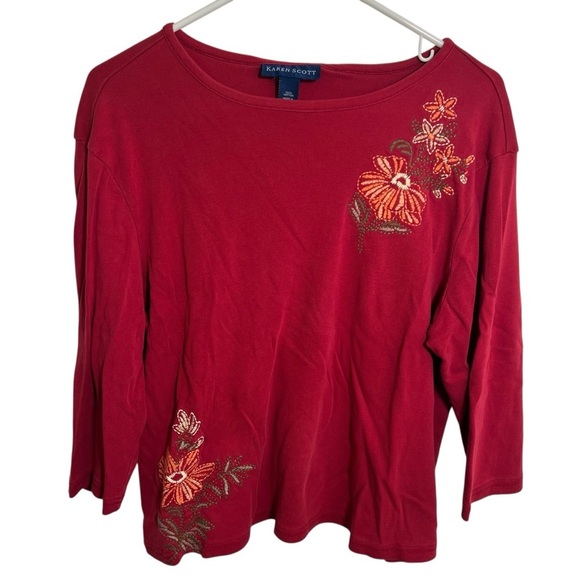 Karen Scott Boatneck T-Shirt Red Embroidered Floral L - Picture 1 of 9